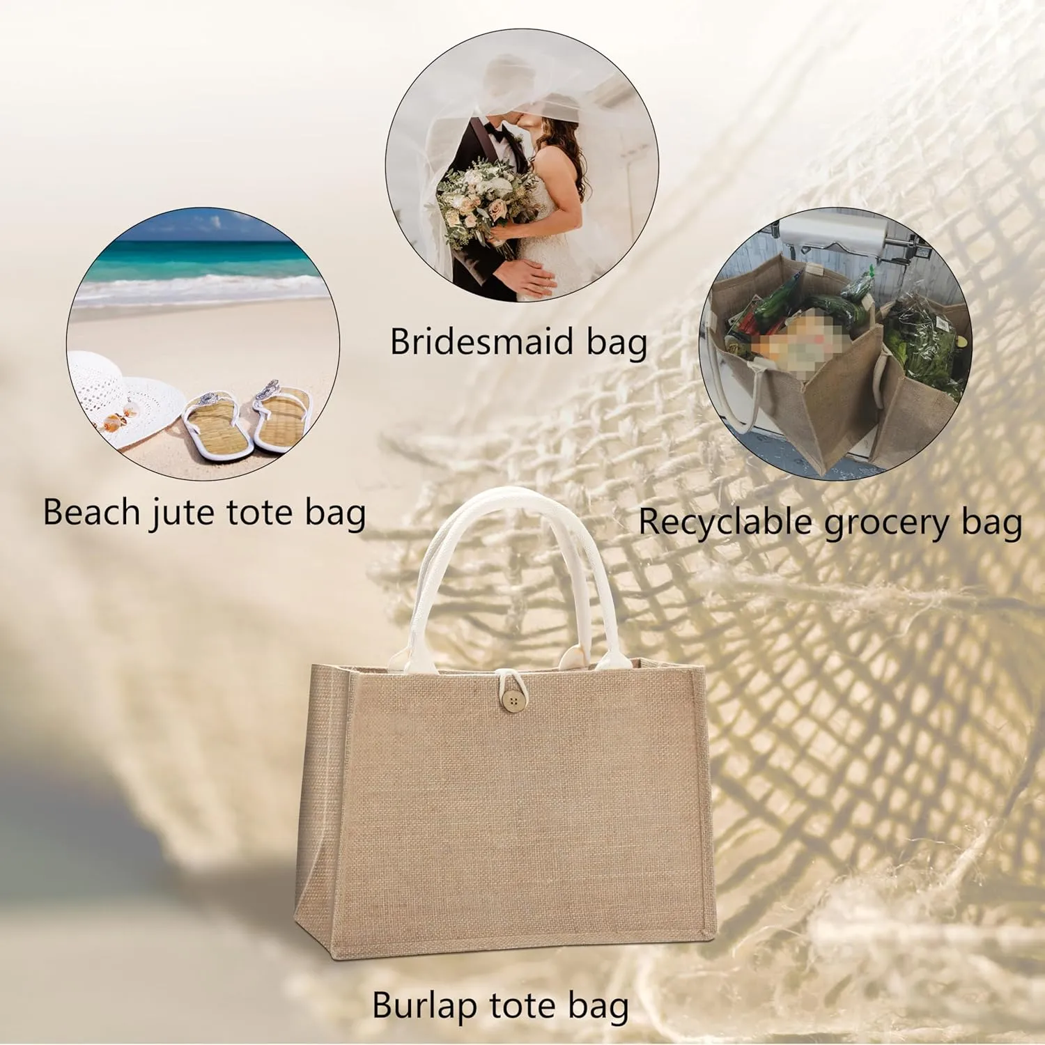 Beach Tote Jute Bags, 14.5"x6.7"x10.2" Set of 3 Burlap Totes Bags with Button Jute Bags with Handles, Tote Bag for Beach,DIY,Shopping, Wedding Welcome