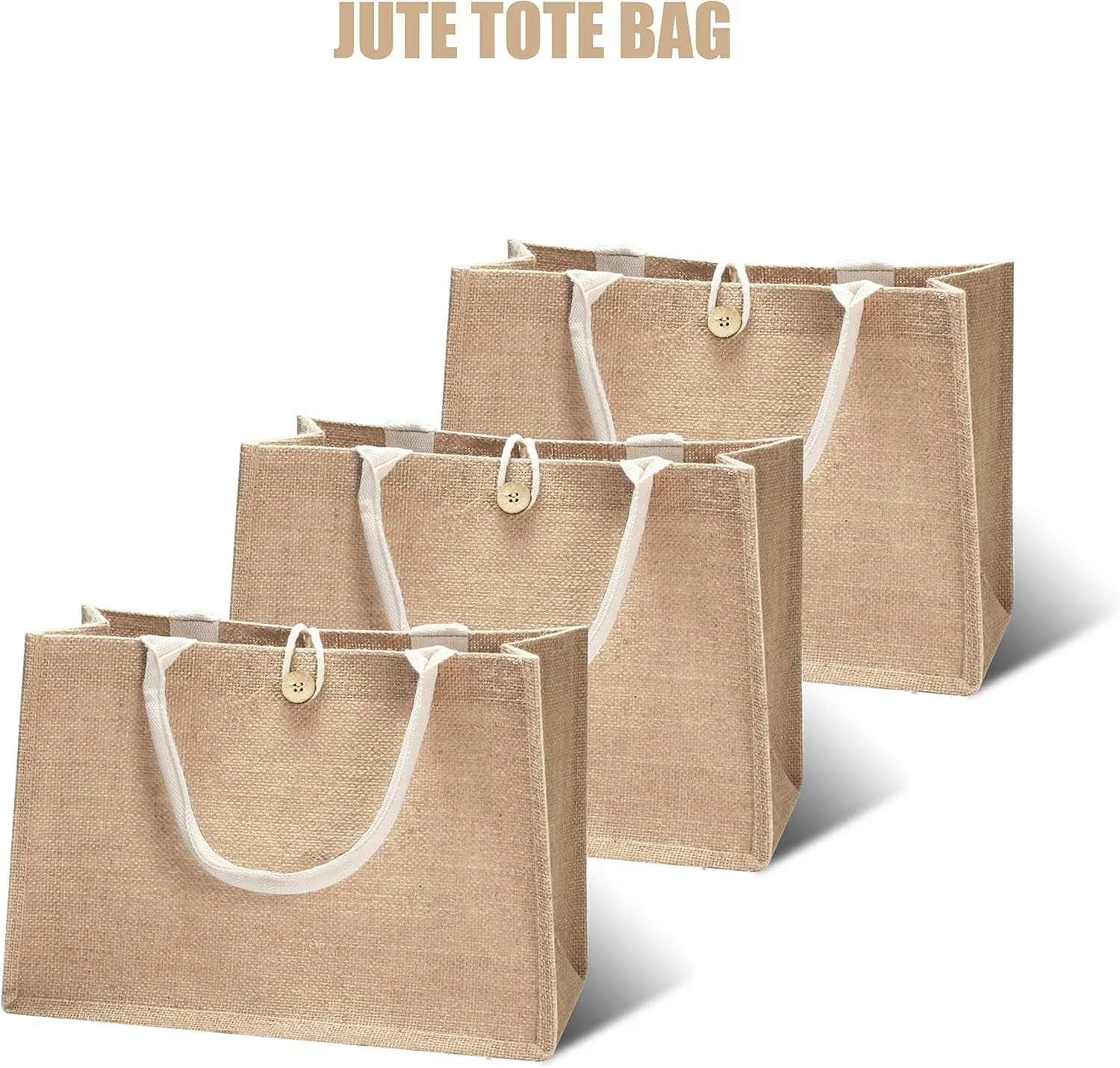 Beach Tote Jute Bags, 14.5"x6.7"x10.2" Set of 3 Burlap Totes Bags with Button Jute Bags with Handles, Tote Bag for Beach,DIY,Shopping, Wedding Welcome
