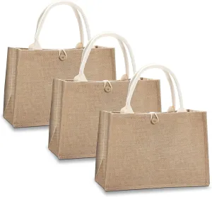 Beach Tote Jute Bags, 14.5"x6.7"x10.2" Set of 3 Burlap Totes Bags with Button Jute Bags with Handles, Tote Bag for Beach,DIY,Shopping, Wedding Welcome