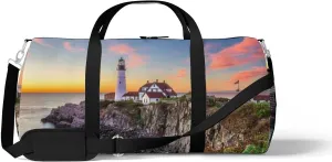 Beautiful Lighthouse Island Sunset Sports Duffel Bag Travel Gym Tote Bags Lightweight Durable Shoulder Strap Waterproof Polyester Outside Mesh Pocket Overnight Trip Duffel Bag for Women Men