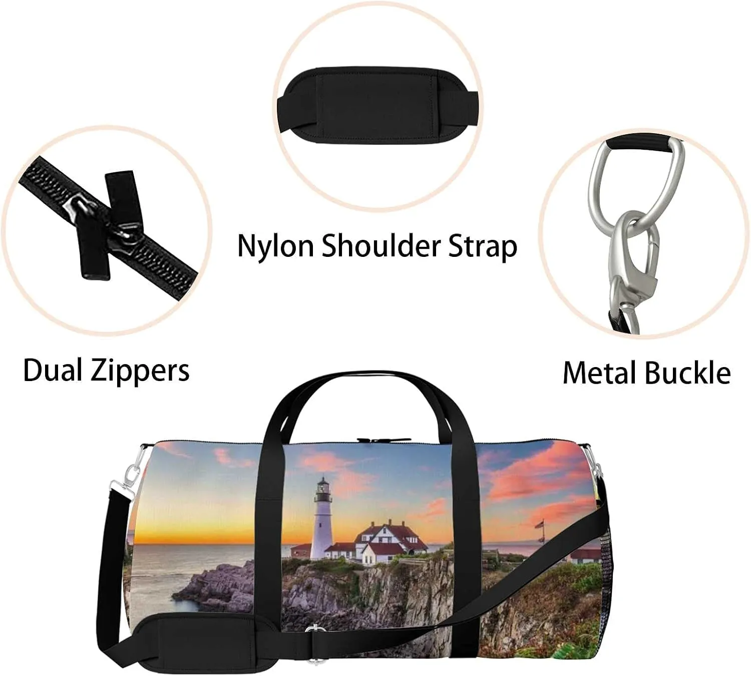 Beautiful Lighthouse Island Sunset Sports Duffel Bag Travel Gym Tote Bags Lightweight Durable Shoulder Strap Waterproof Polyester Outside Mesh Pocket Overnight Trip Duffel Bag for Women Men