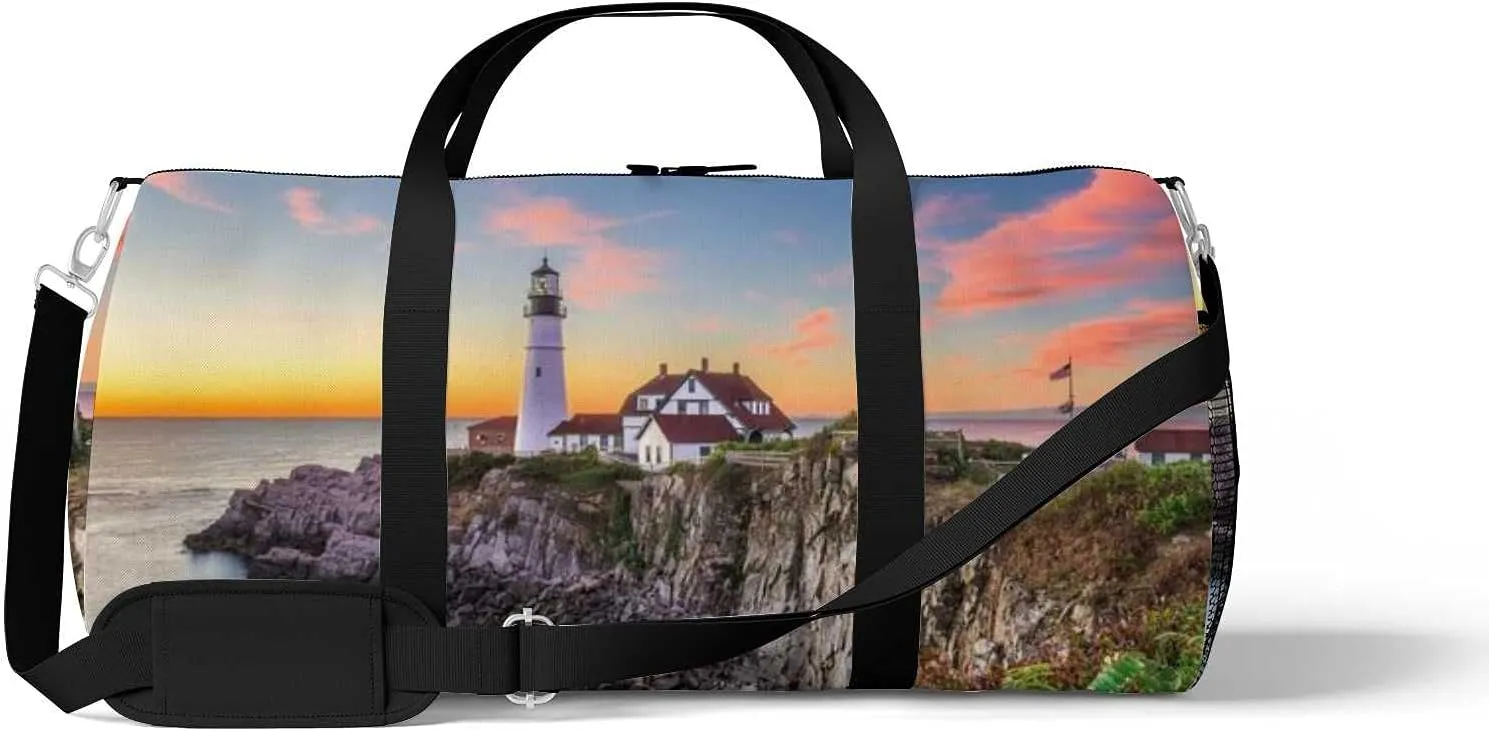 Beautiful Lighthouse Island Sunset Sports Duffel Bag Travel Gym Tote Bags Lightweight Durable Shoulder Strap Waterproof Polyester Outside Mesh Pocket Overnight Trip Duffel Bag for Women Men