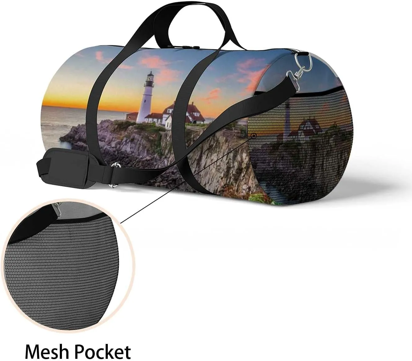 Beautiful Lighthouse Island Sunset Sports Duffel Bag Travel Gym Tote Bags Lightweight Durable Shoulder Strap Waterproof Polyester Outside Mesh Pocket Overnight Trip Duffel Bag for Women Men