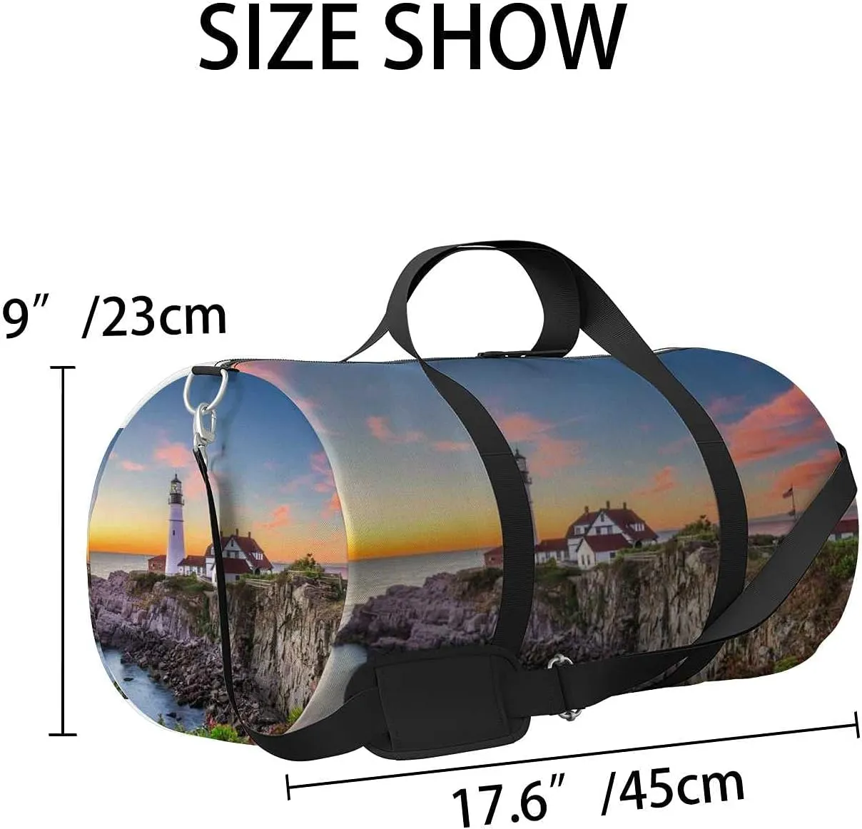 Beautiful Lighthouse Island Sunset Sports Duffel Bag Travel Gym Tote Bags Lightweight Durable Shoulder Strap Waterproof Polyester Outside Mesh Pocket Overnight Trip Duffel Bag for Women Men