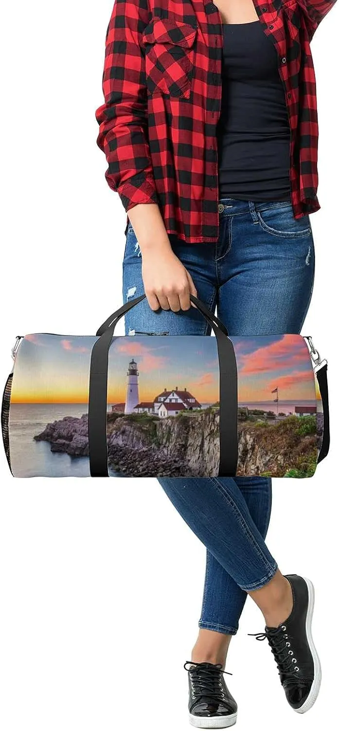 Beautiful Lighthouse Island Sunset Sports Duffel Bag Travel Gym Tote Bags Lightweight Durable Shoulder Strap Waterproof Polyester Outside Mesh Pocket Overnight Trip Duffel Bag for Women Men