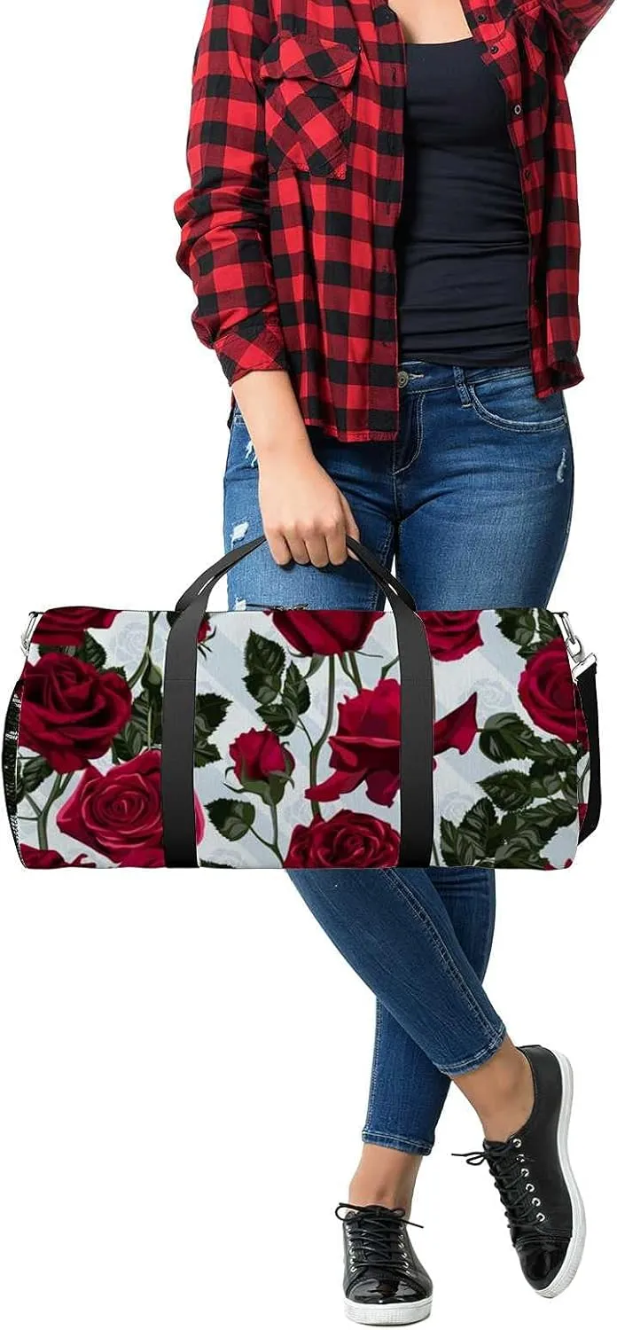 Beautiful Red Roses Leaves Sports Duffel Bag Travel Gym Tote Bags Lightweight Durable Shoulder Strap Waterproof Polyester Outside Mesh Pocket Overnight Trip Duffel Bag for Women Men