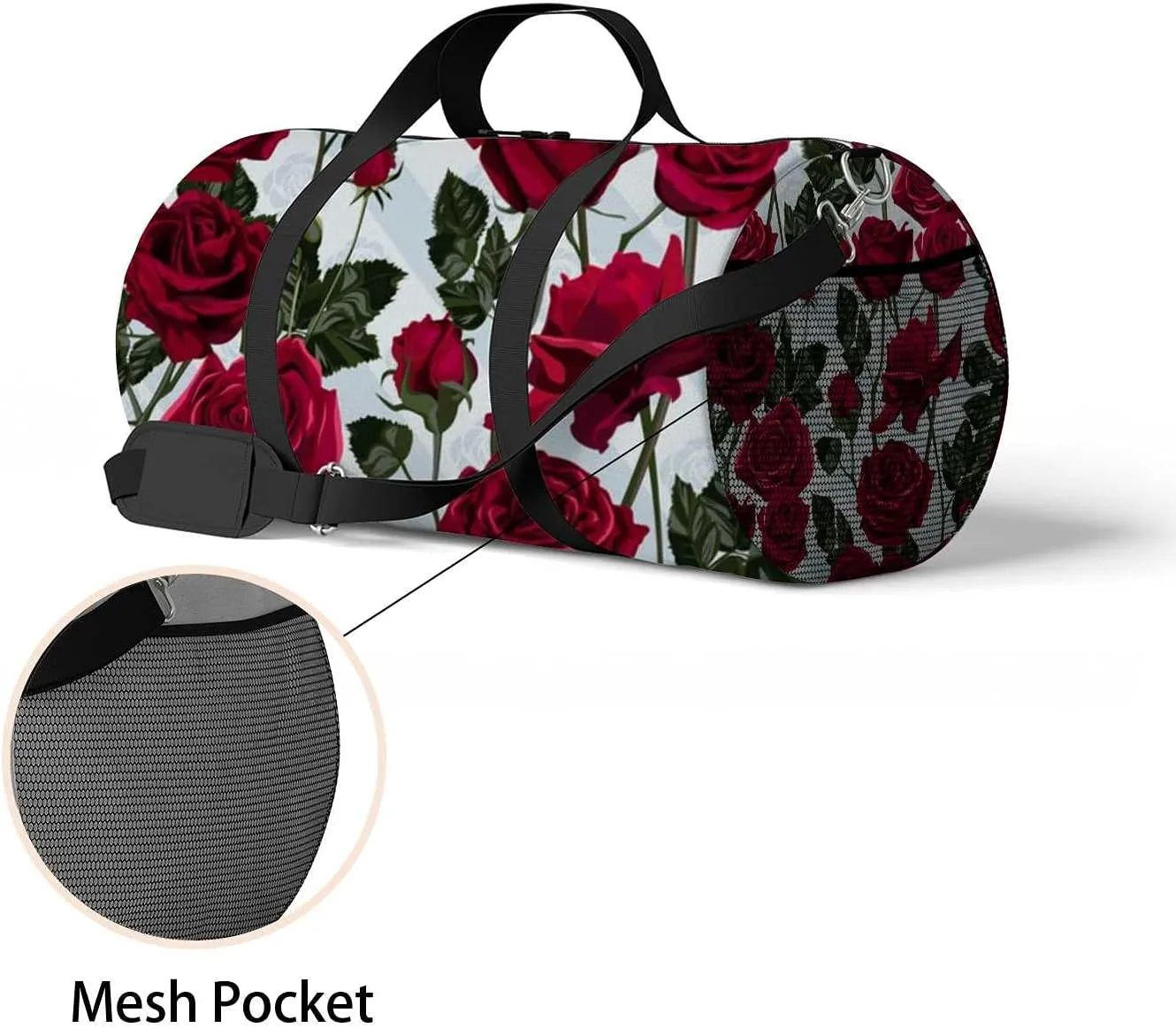 Beautiful Red Roses Leaves Sports Duffel Bag Travel Gym Tote Bags Lightweight Durable Shoulder Strap Waterproof Polyester Outside Mesh Pocket Overnight Trip Duffel Bag for Women Men