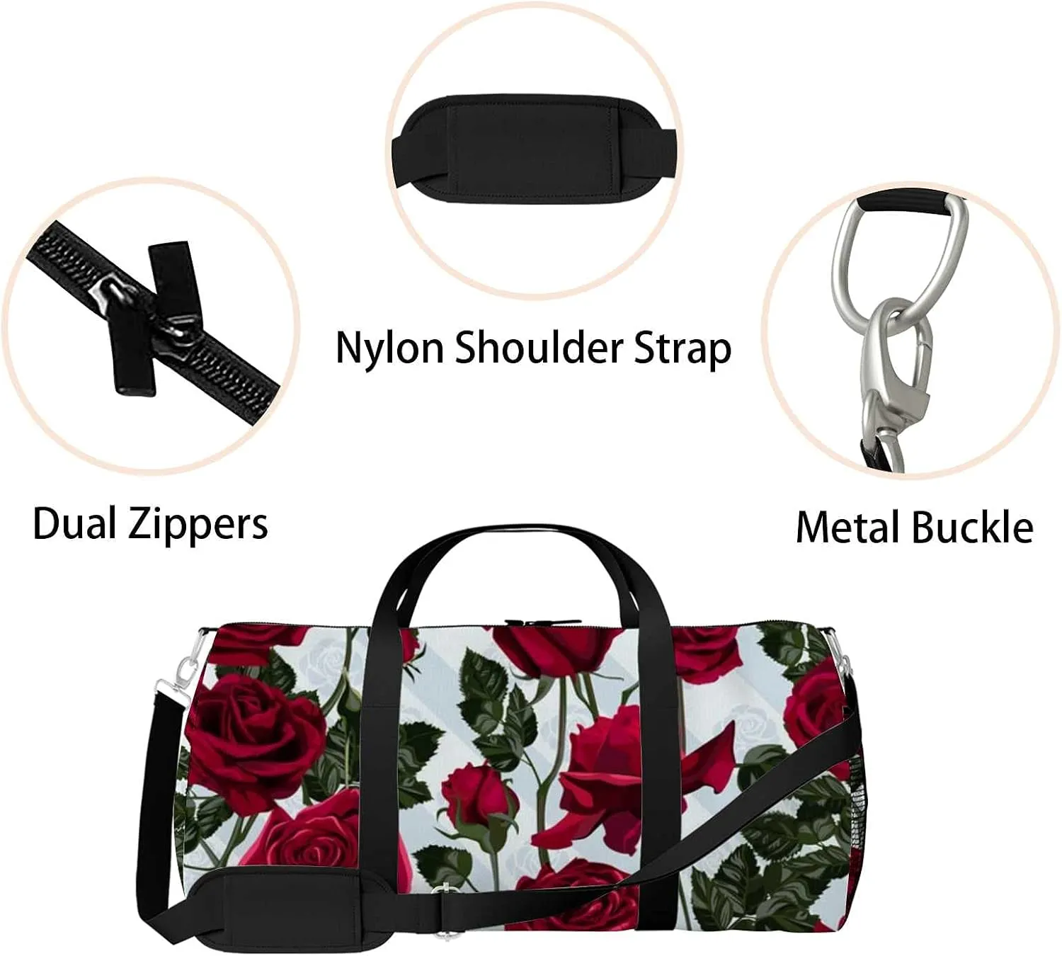 Beautiful Red Roses Leaves Sports Duffel Bag Travel Gym Tote Bags Lightweight Durable Shoulder Strap Waterproof Polyester Outside Mesh Pocket Overnight Trip Duffel Bag for Women Men