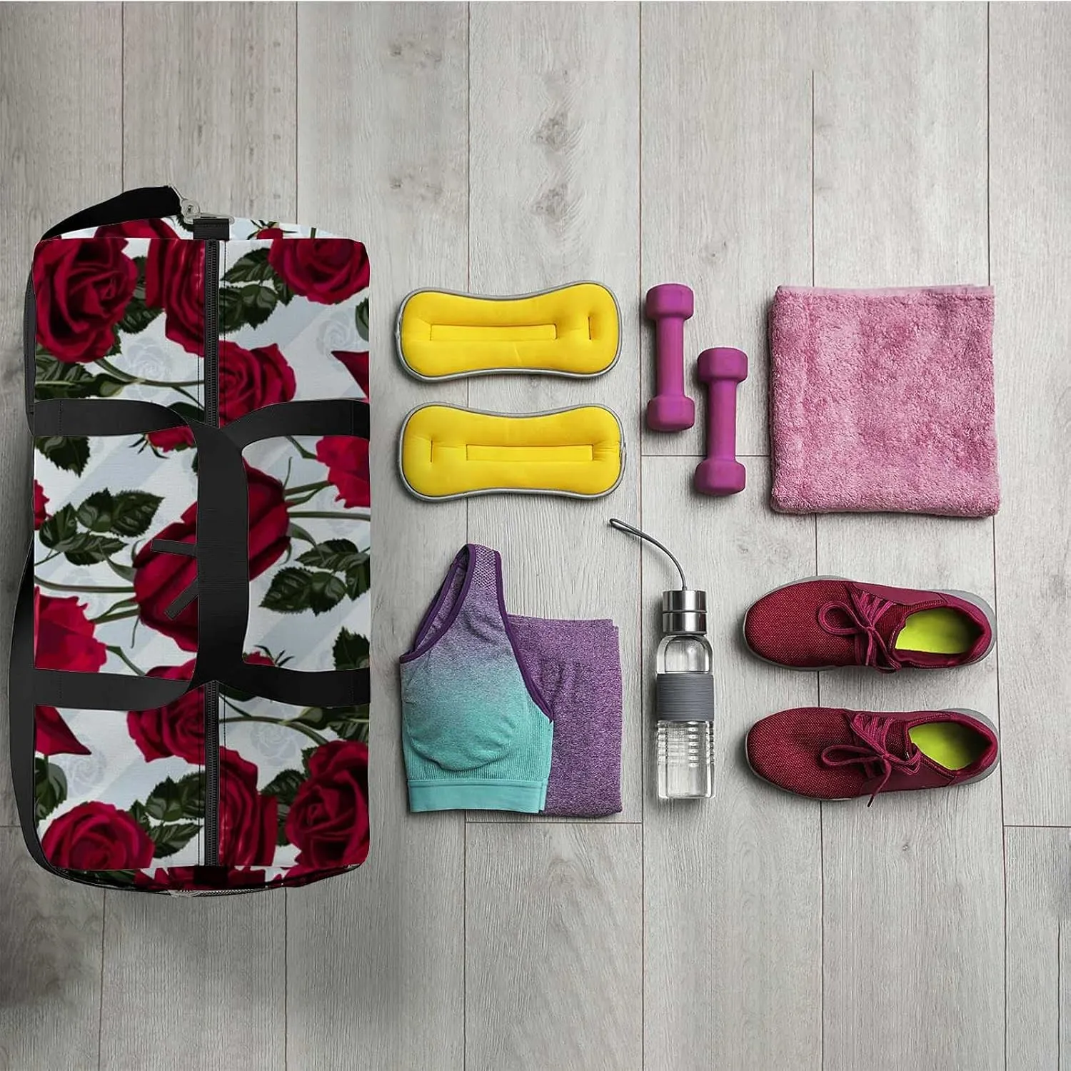 Beautiful Red Roses Leaves Sports Duffel Bag Travel Gym Tote Bags Lightweight Durable Shoulder Strap Waterproof Polyester Outside Mesh Pocket Overnight Trip Duffel Bag for Women Men