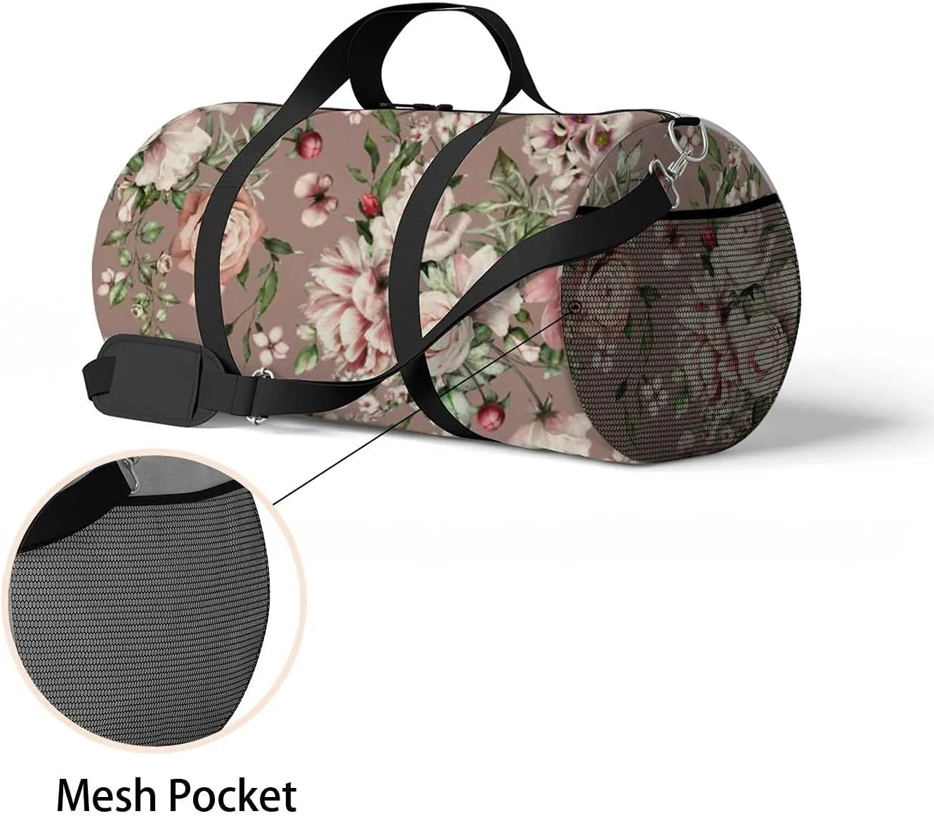 Beautiful Rose Peonies Flowers Leaves Sports Duffel Bag Travel Gym Tote Bags Lightweight Durable Shoulder Strap Waterproof Polyester Outside Mesh Pocket Overnight Trip Duffel Bag for Women Men