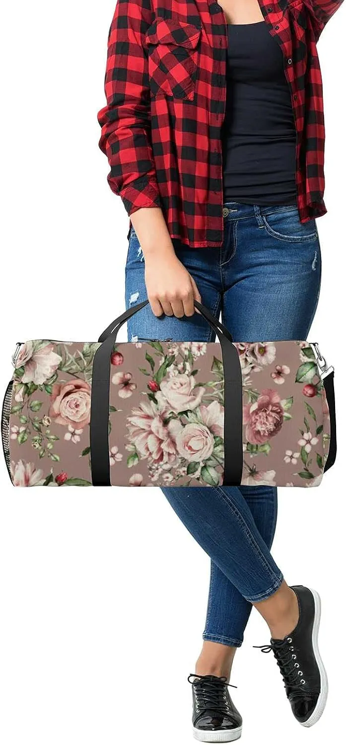 Beautiful Rose Peonies Flowers Leaves Sports Duffel Bag Travel Gym Tote Bags Lightweight Durable Shoulder Strap Waterproof Polyester Outside Mesh Pocket Overnight Trip Duffel Bag for Women Men