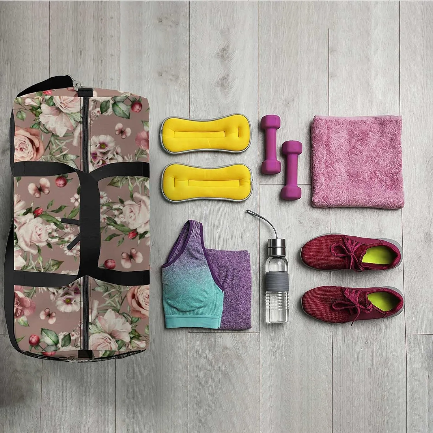 Beautiful Rose Peonies Flowers Leaves Sports Duffel Bag Travel Gym Tote Bags Lightweight Durable Shoulder Strap Waterproof Polyester Outside Mesh Pocket Overnight Trip Duffel Bag for Women Men