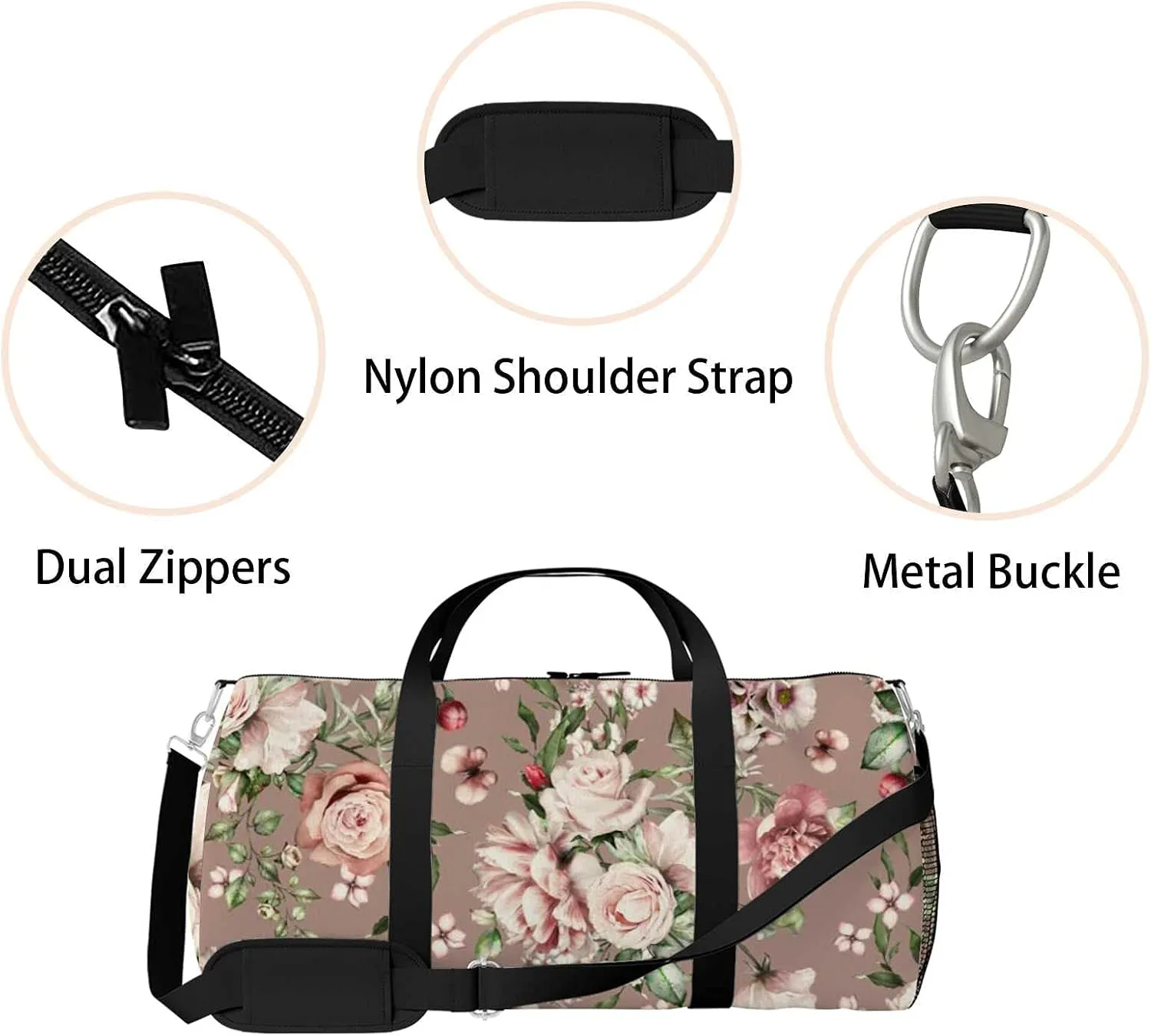 Beautiful Rose Peonies Flowers Leaves Sports Duffel Bag Travel Gym Tote Bags Lightweight Durable Shoulder Strap Waterproof Polyester Outside Mesh Pocket Overnight Trip Duffel Bag for Women Men