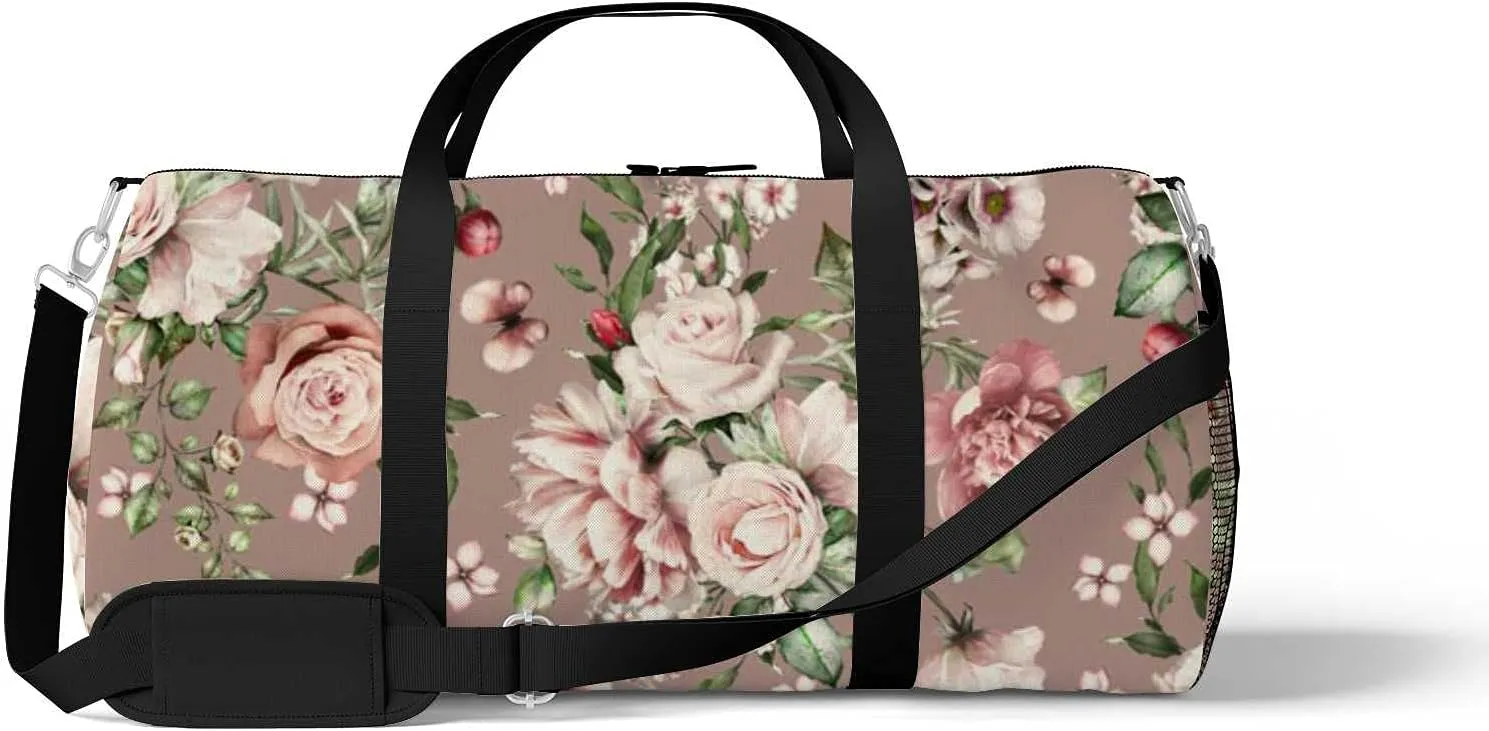 Beautiful Rose Peonies Flowers Leaves Sports Duffel Bag Travel Gym Tote Bags Lightweight Durable Shoulder Strap Waterproof Polyester Outside Mesh Pocket Overnight Trip Duffel Bag for Women Men