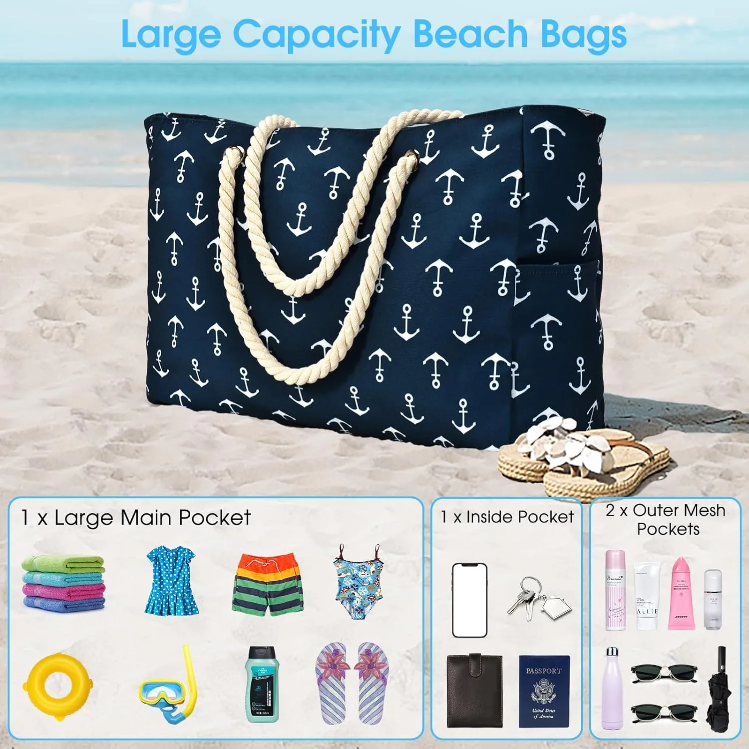 Becokan Beach Bag Large Beach Tote Bag for Women Waterproof Sandproof Swim Pool Bag With Zipper