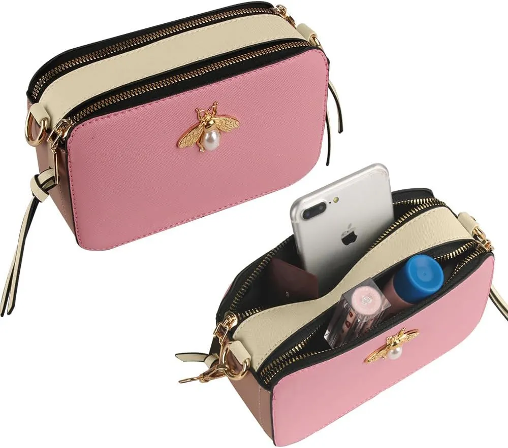 Bee Purse Camera Crossbody Bags for Women Trendy Small Snapshot Bag Wide Strap Leather Shoulder Clutch Handbags