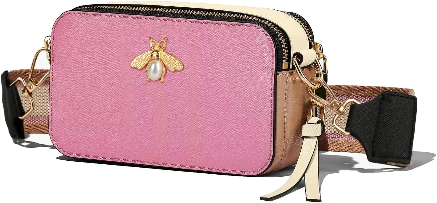 Bee Purse Camera Crossbody Bags for Women Trendy Small Snapshot Bag Wide Strap Leather Shoulder Clutch Handbags