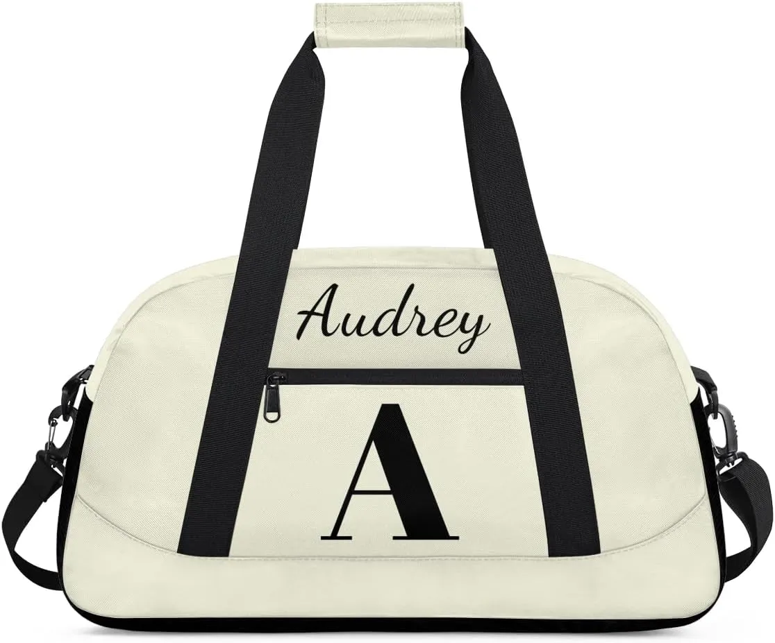 Beige Custom Gym Bag for Women Men, Personalized Initial Travel Duffel Bag with Name, Small Sports Gym Bag Weekender Carry On Overnight Bags