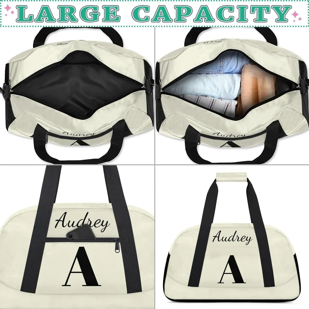 Beige Custom Gym Bag for Women Men, Personalized Initial Travel Duffel Bag with Name, Small Sports Gym Bag Weekender Carry On Overnight Bags
