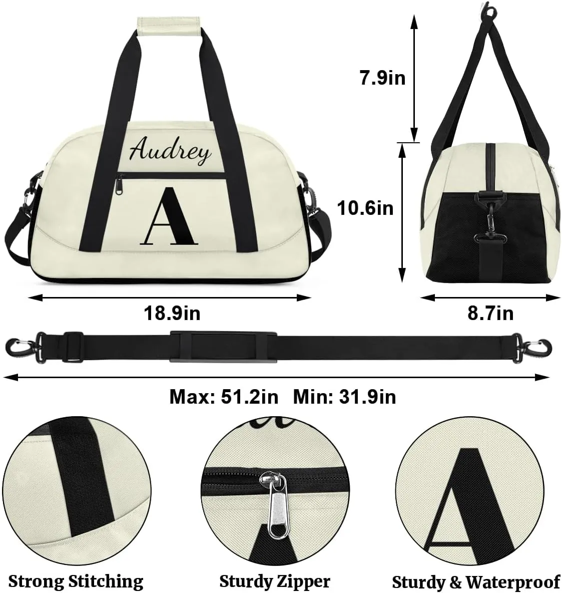 Beige Custom Gym Bag for Women Men, Personalized Initial Travel Duffel Bag with Name, Small Sports Gym Bag Weekender Carry On Overnight Bags