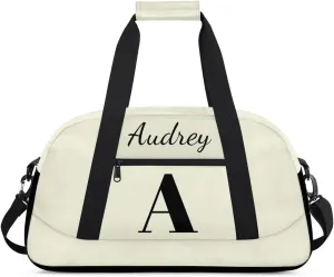 Beige Custom Gym Bag for Women Men, Personalized Initial Travel Duffel Bag with Name, Small Sports Gym Bag Weekender Carry On Overnight Bags