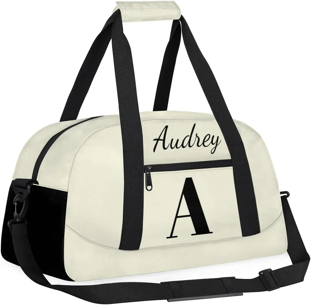 Beige Custom Gym Bag for Women Men, Personalized Initial Travel Duffel Bag with Name, Small Sports Gym Bag Weekender Carry On Overnight Bags