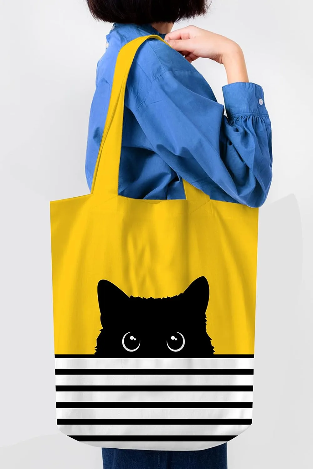 Black Cat Tote Bag - Black Cat Gifts for Kitty Lovers, Women, Mom - Kitty Themed Gifts - Hello Reusable Canvas Tote Bag - Birthday Bags (Yellow Cat)