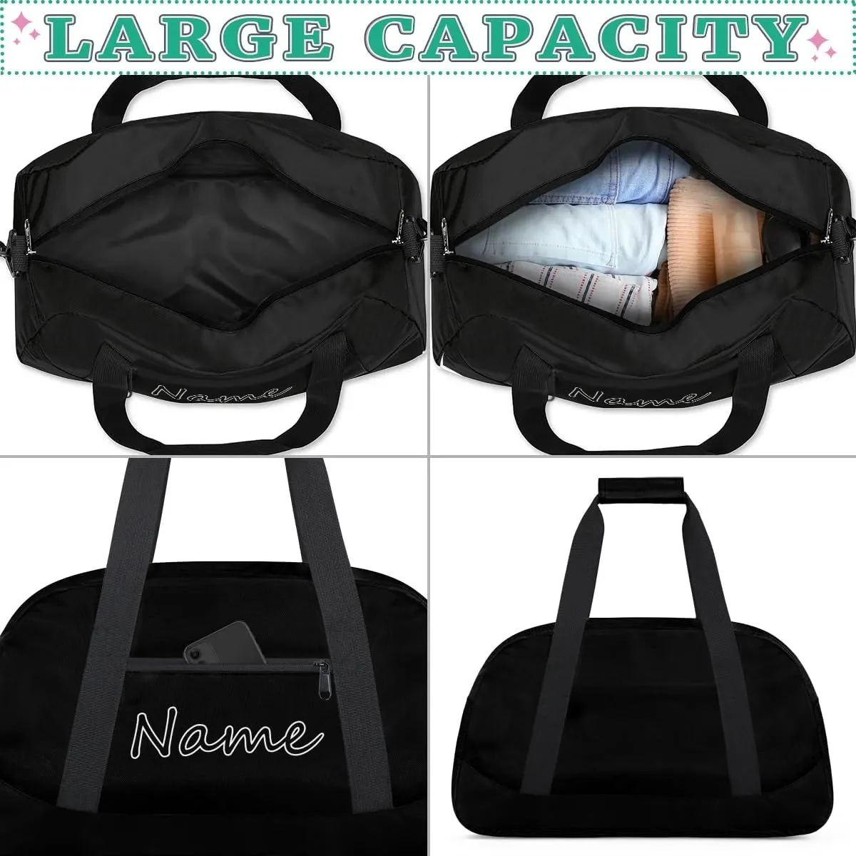 Black Custom Gym Bag for Women Men, Personalized Duffel Bag with Name, Small Sports Gym Bag Travel Duffle Bag Weekender Carry On Overnight Bags