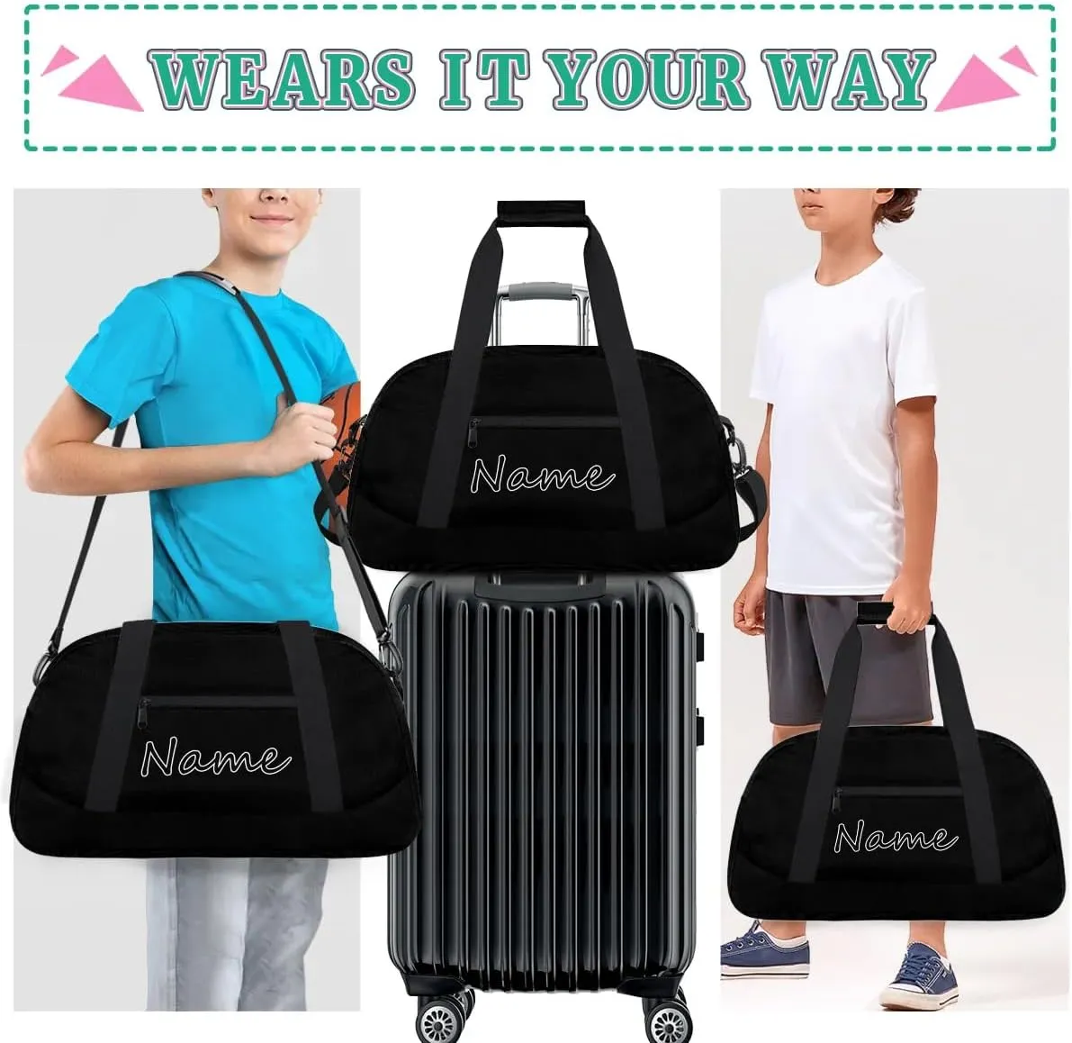 Black Custom Gym Bag for Women Men, Personalized Duffel Bag with Name, Small Sports Gym Bag Travel Duffle Bag Weekender Carry On Overnight Bags