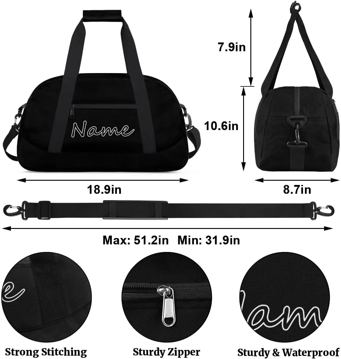 Black Custom Gym Bag for Women Men, Personalized Duffel Bag with Name, Small Sports Gym Bag Travel Duffle Bag Weekender Carry On Overnight Bags