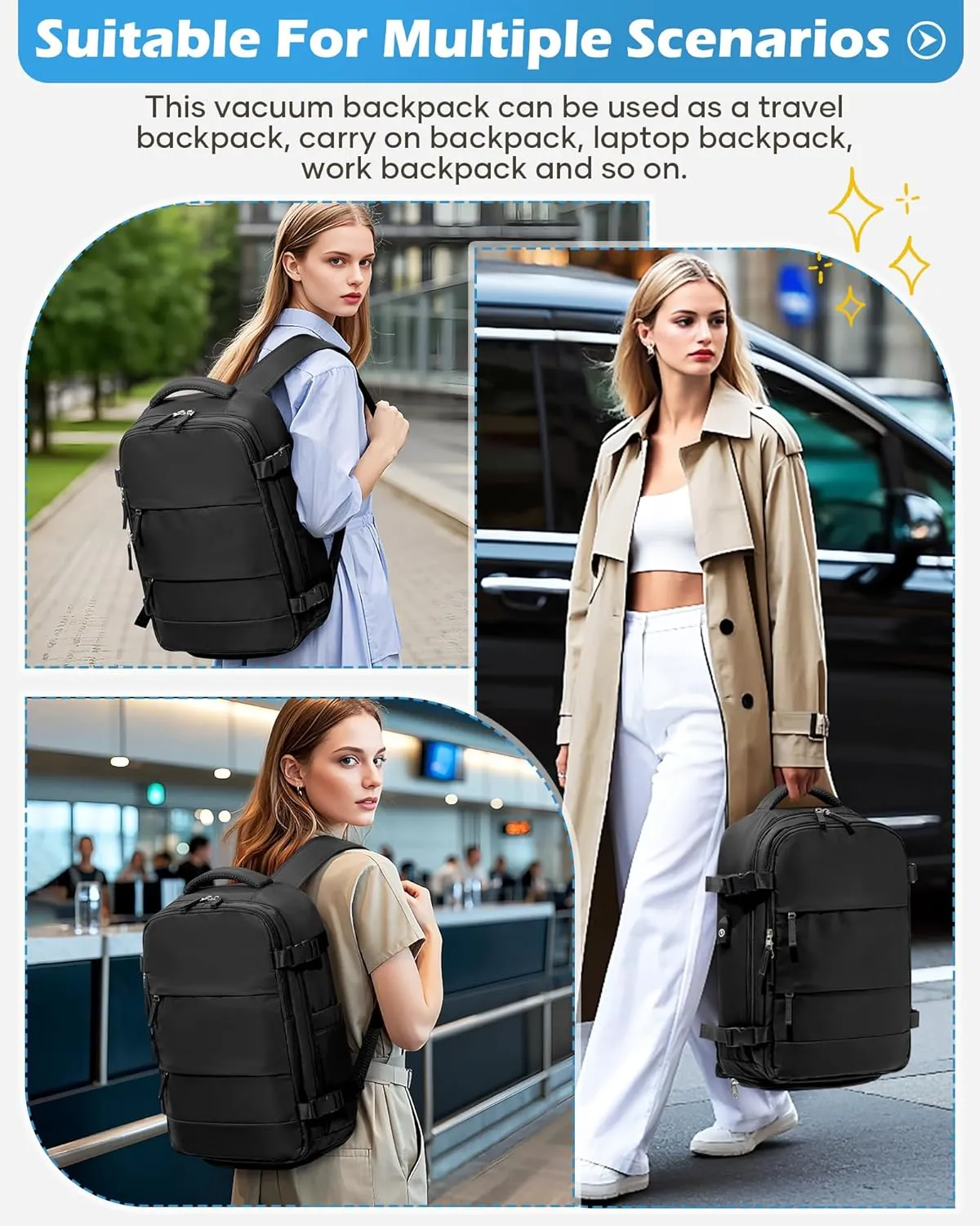 Black Vacuum Backpack Travel Laptop Backpacks For Women Men Carry On Backpack With Vacuum Compression Bags Seal Packing Personal Item Travel Bag Airback Backpacks Without Pump