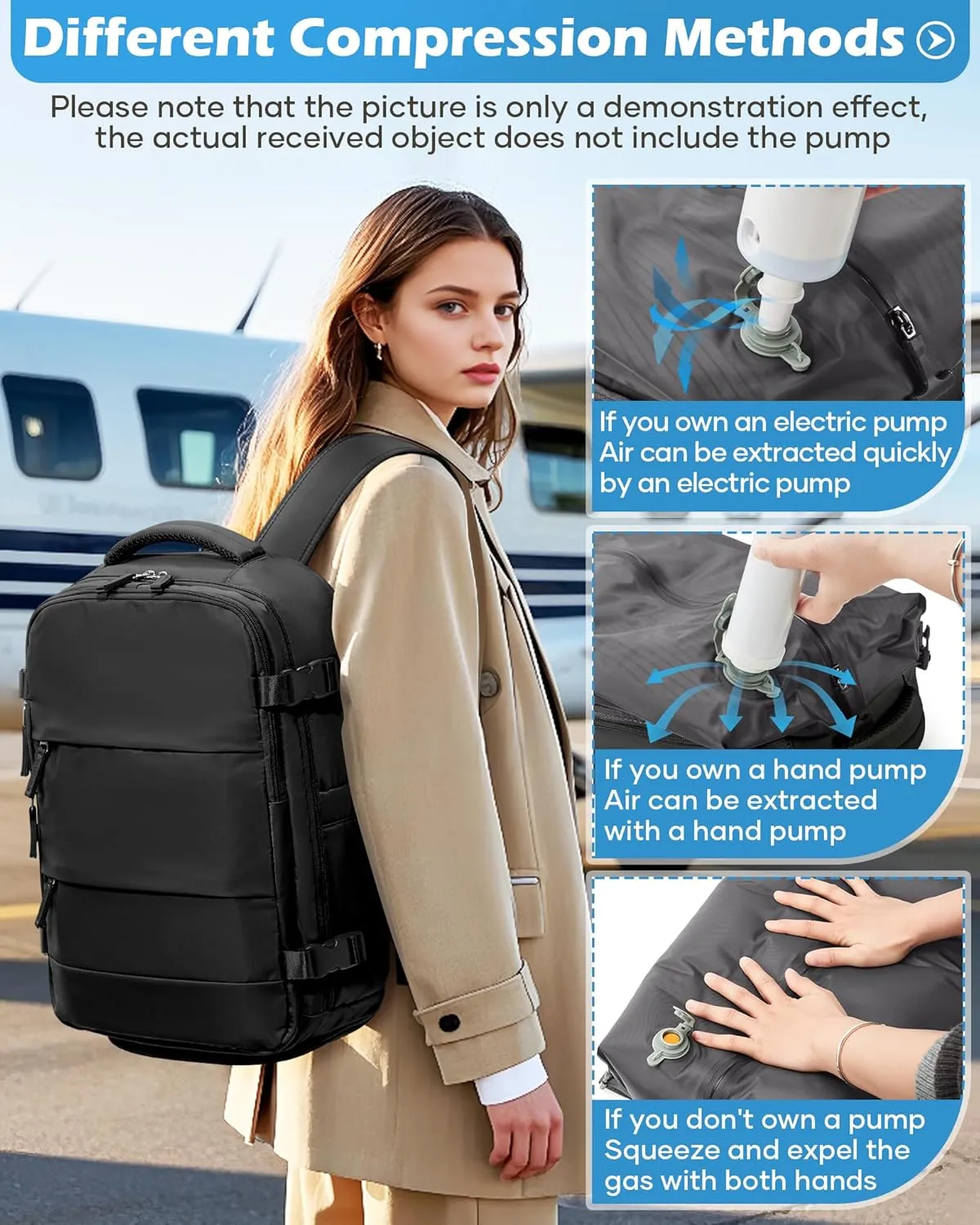Black Vacuum Backpack Travel Laptop Backpacks For Women Men Carry On Backpack With Vacuum Compression Bags Seal Packing Personal Item Travel Bag Airback Backpacks Without Pump