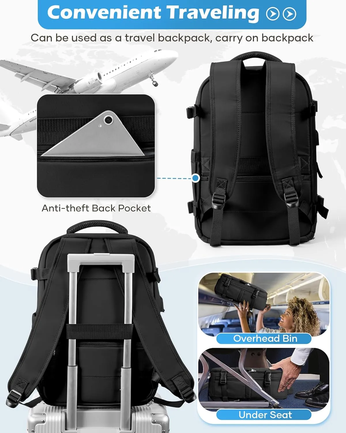 Black Vacuum Backpack Travel Laptop Backpacks For Women Men Carry On Backpack With Vacuum Compression Bags Seal Packing Personal Item Travel Bag Airback Backpacks Without Pump