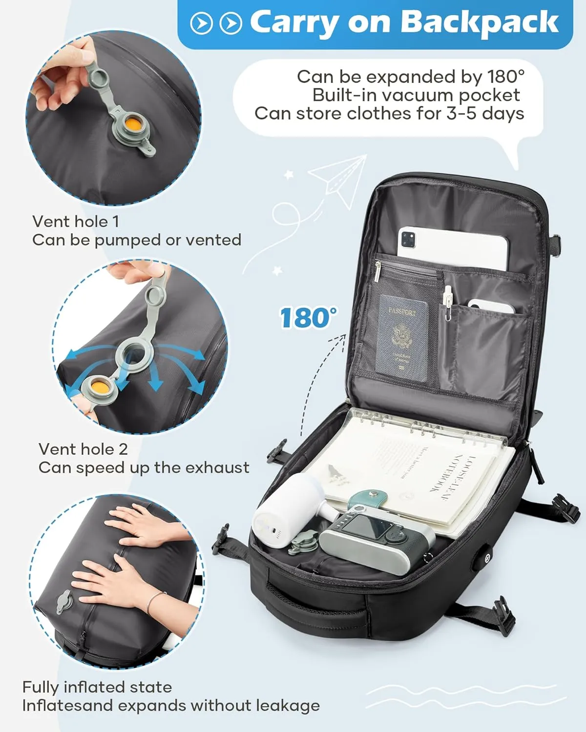 Black Vacuum Backpack Travel Laptop Backpacks For Women Men Carry On Backpack With Vacuum Compression Bags Seal Packing Personal Item Travel Bag Airback Backpacks Without Pump