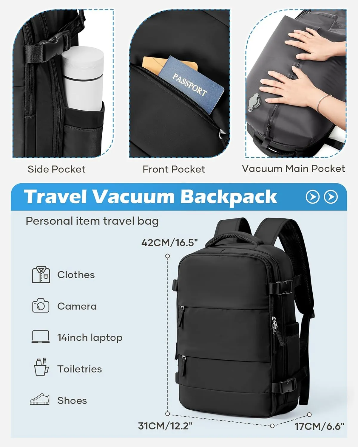 Black Vacuum Backpack Travel Laptop Backpacks For Women Men Carry On Backpack With Vacuum Compression Bags Seal Packing Personal Item Travel Bag Airback Backpacks Without Pump