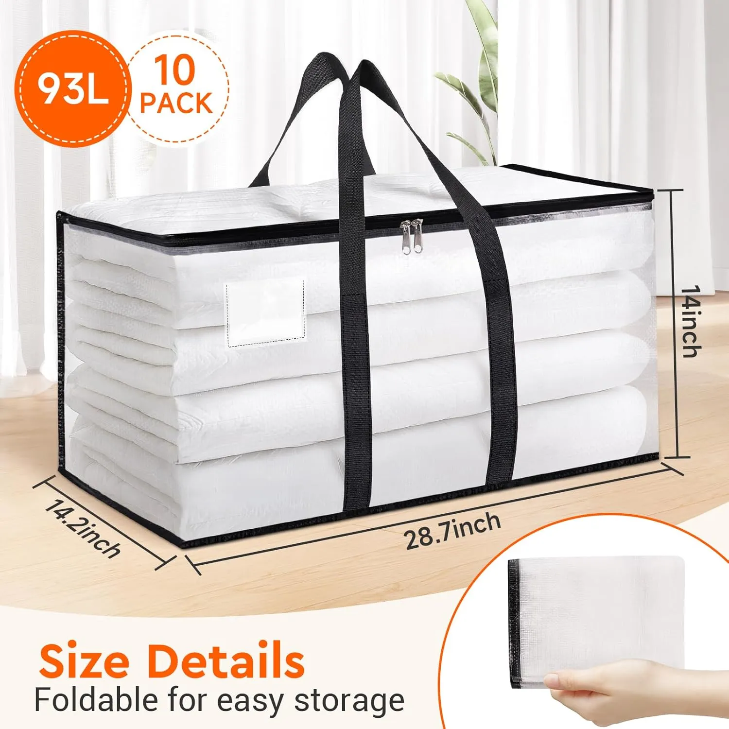 BlissTotes Moving Bags, 10-Pack Storage Bags, Moving Bags Heavy Duty Extra Large, Moving Totes, Clear moving Bag, Reinforced Handles & Tag Pocket, Christmas Totes (93L)