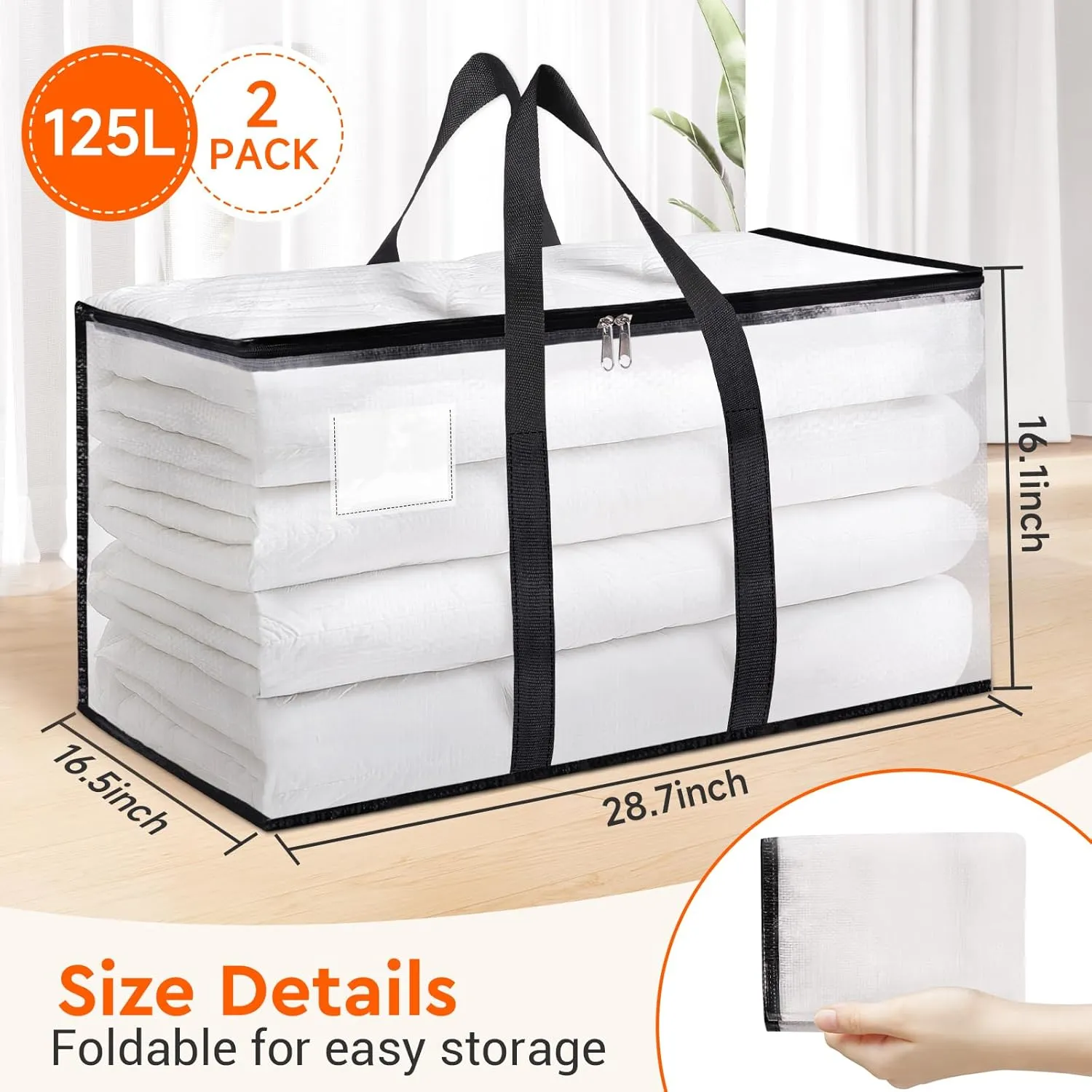 BlissTotes Moving Bags, 2-Pack Storage Bags, Moving Bag Heavy Duty Extra Large, Moving Totes, Clear moving Bag, Reinforced Handles & Tag Pocket, Christmas Totes (125L)