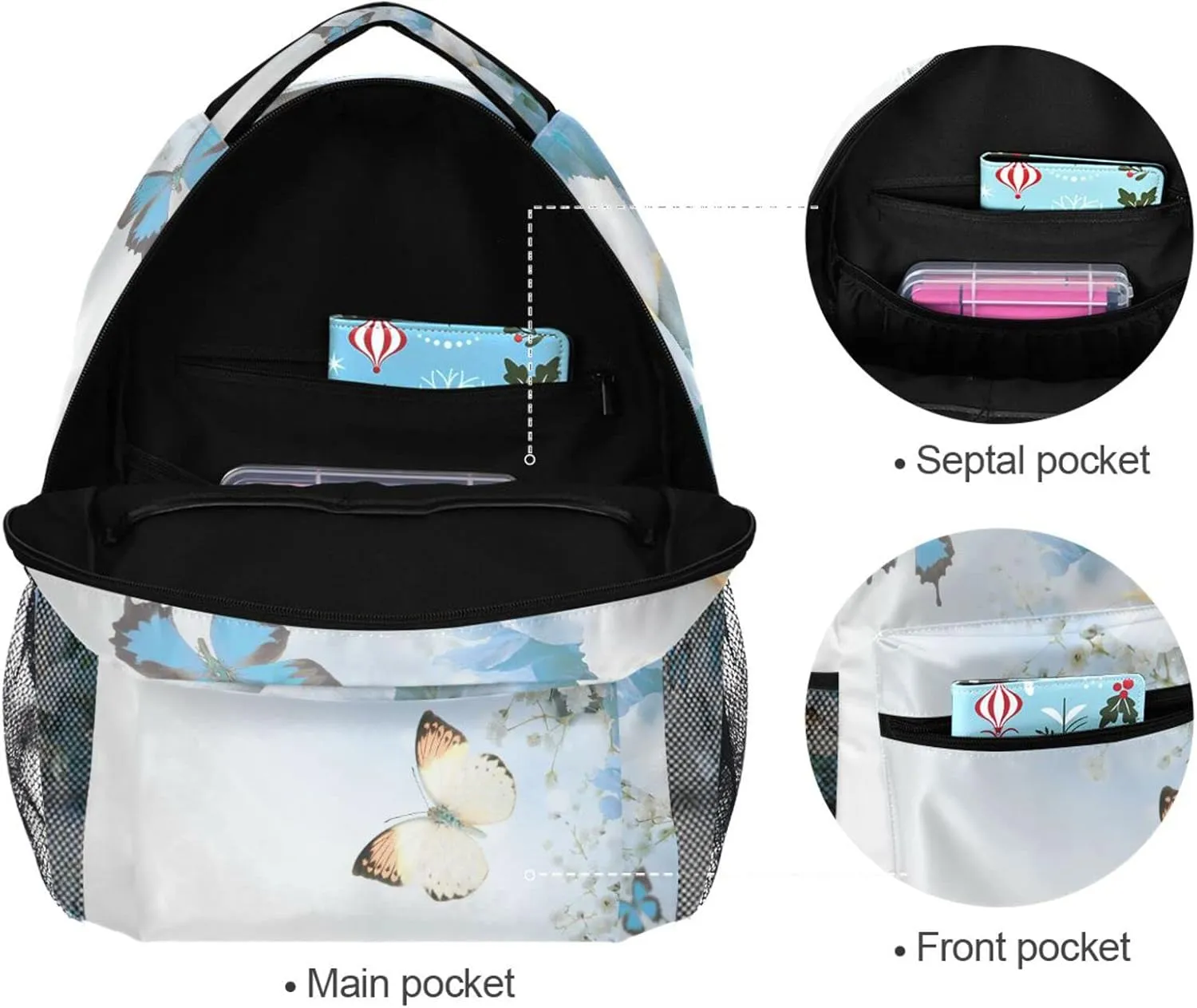 Blue Butterfly Backpack Rose Book Bags for Girls Teens Kids Butterflies School Bags Flowe Lightweight Student Elementary 3rd 4th 5th Grade Shoulder Bag Bookbag Daypack