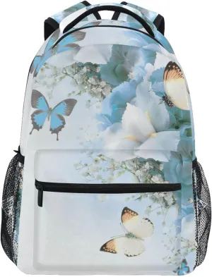 Blue Butterfly Backpack Rose Book Bags for Girls Teens Kids Butterflies School Bags Flowe Lightweight Student Elementary 3rd 4th 5th Grade Shoulder Bag Bookbag Daypack