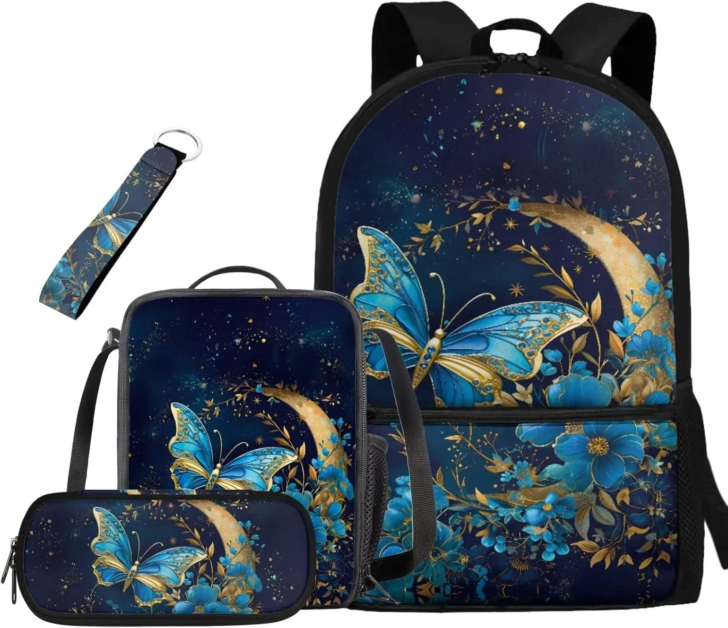 Blue Butterfly School Bags for Girls with Lunch Bag Moon Book Bag Set Flower Backpack for Girls Insulated Lunch Box Pencil Box Cute and Cute Wrist Lanyard for Keys Keychain Wallet