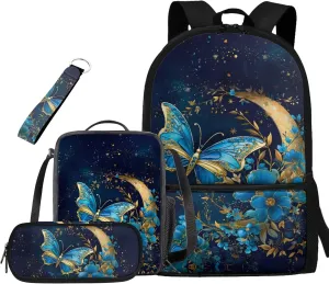Blue Butterfly School Bags for Girls with Lunch Bag Moon Book Bag Set Flower Backpack for Girls Insulated Lunch Box Pencil Box Cute and Cute Wrist Lanyard for Keys Keychain Wallet