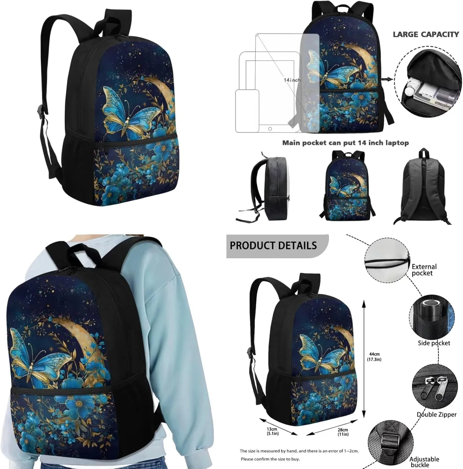 Blue Butterfly School Bags for Girls with Lunch Bag Moon Book Bag Set Flower Backpack for Girls Insulated Lunch Box Pencil Box Cute and Cute Wrist Lanyard for Keys Keychain Wallet