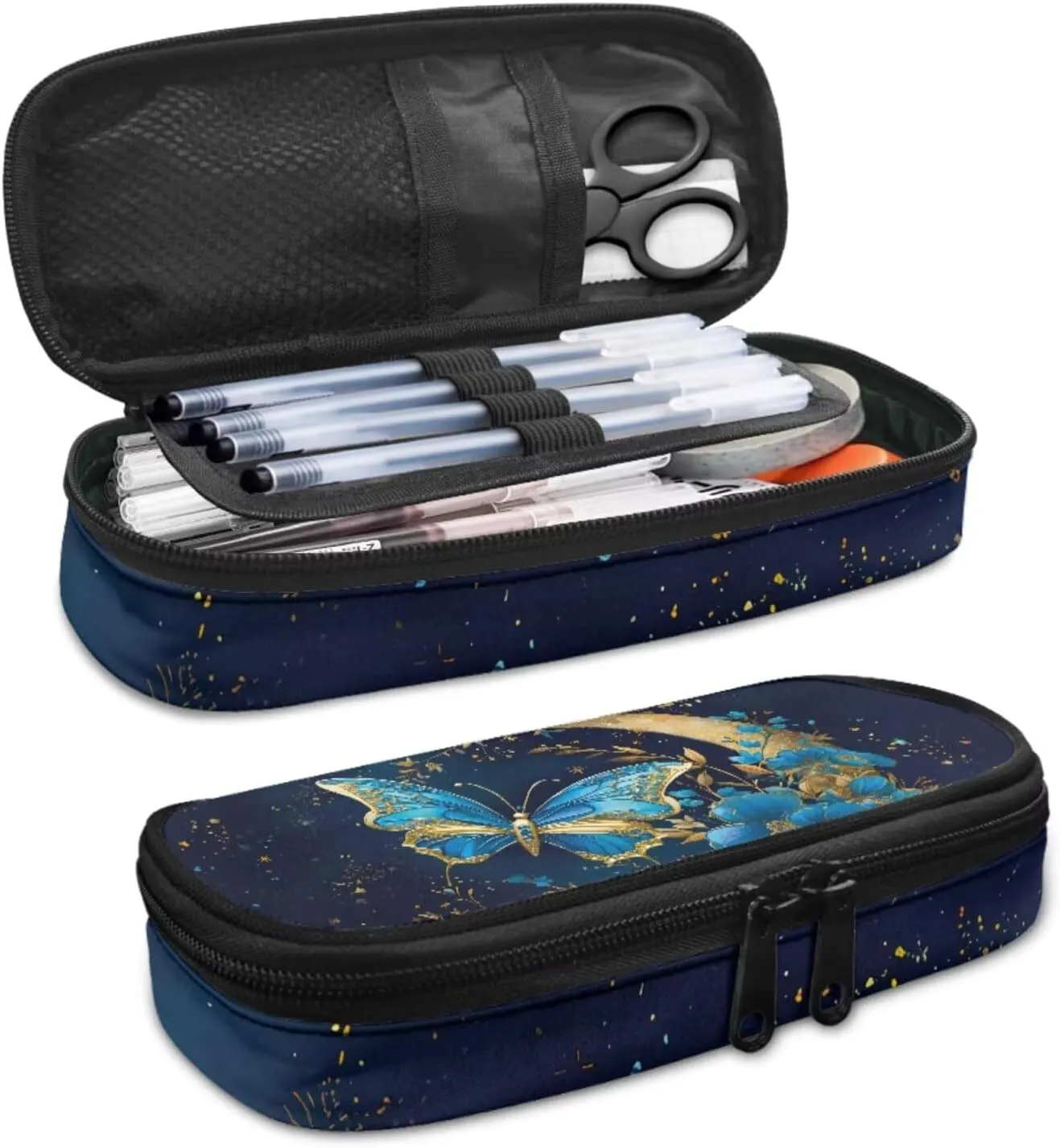 Blue Butterfly School Bags for Girls with Lunch Bag Moon Book Bag Set Flower Backpack for Girls Insulated Lunch Box Pencil Box Cute and Cute Wrist Lanyard for Keys Keychain Wallet