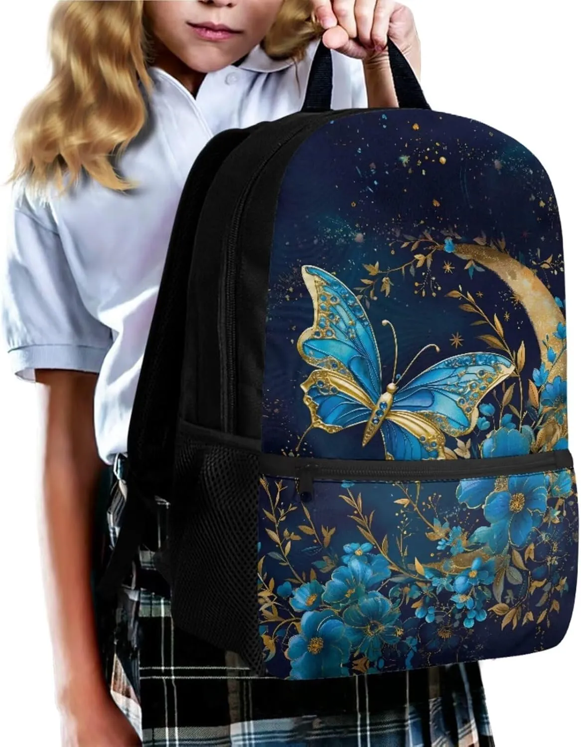 Blue Butterfly School Bags for Girls with Lunch Bag Moon Book Bag Set Flower Backpack for Girls Insulated Lunch Box Pencil Box Cute and Cute Wrist Lanyard for Keys Keychain Wallet