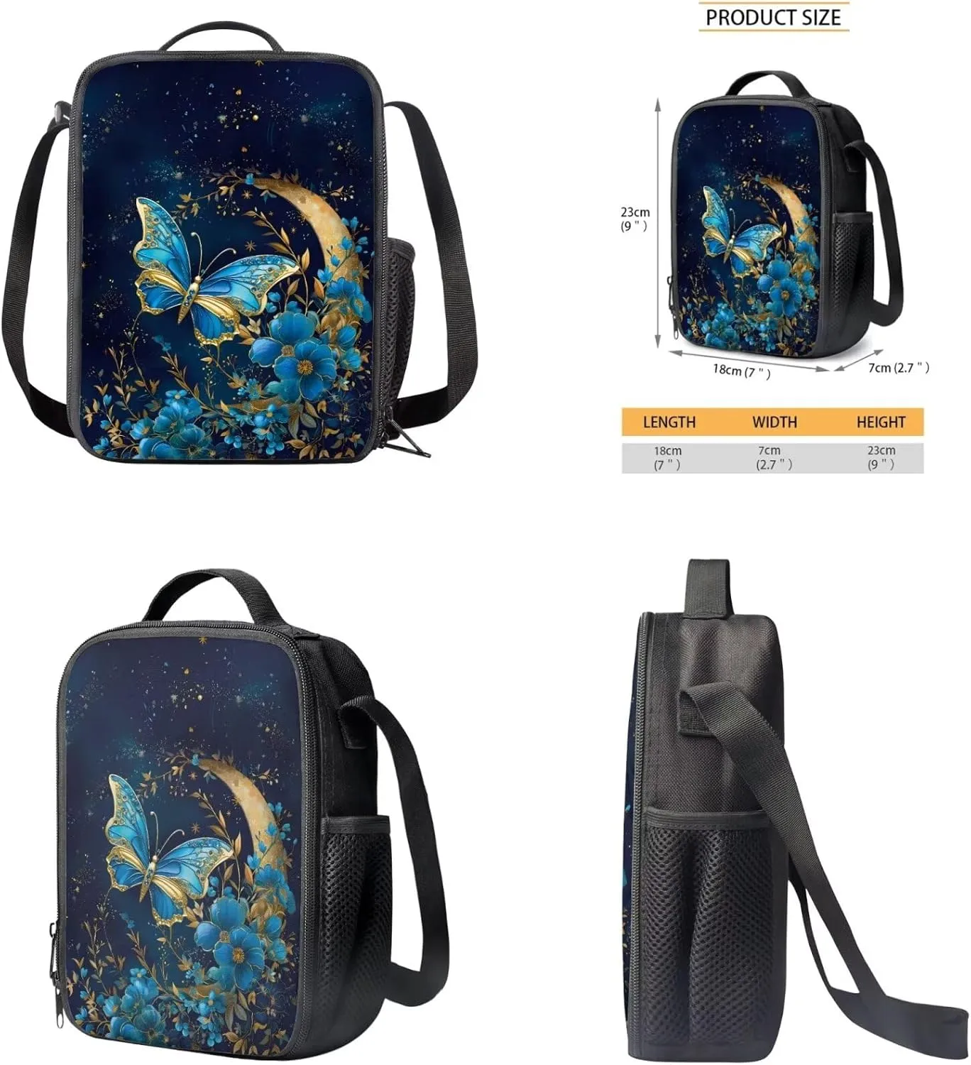 Blue Butterfly School Bags for Girls with Lunch Bag Moon Book Bag Set Flower Backpack for Girls Insulated Lunch Box Pencil Box Cute and Cute Wrist Lanyard for Keys Keychain Wallet