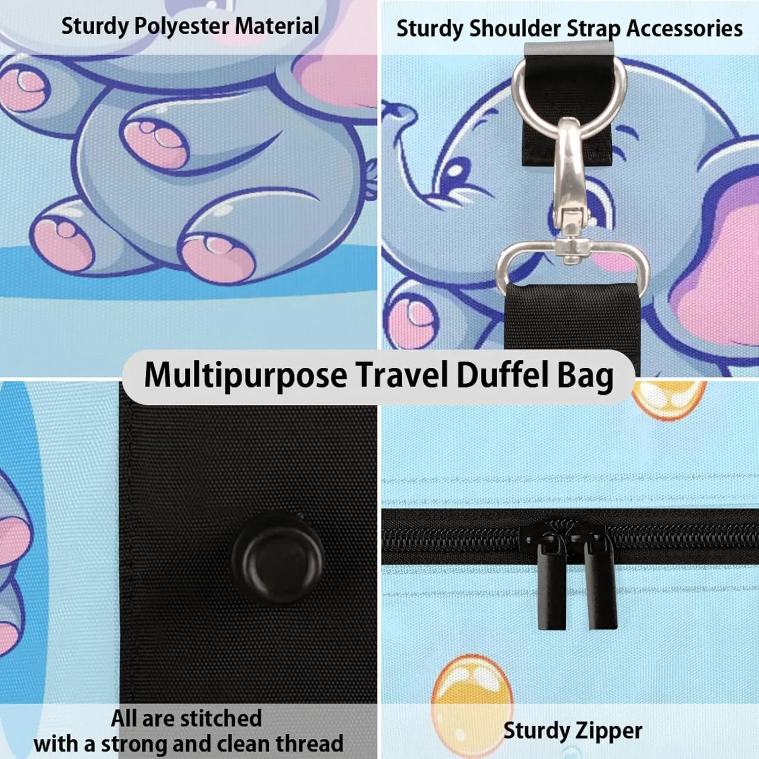 Blue Elephant Duffle Bag for Travel, Overnight Weekend Gym Carry On Luggage Bag, Cute Travel Duffel Bag for Men Women