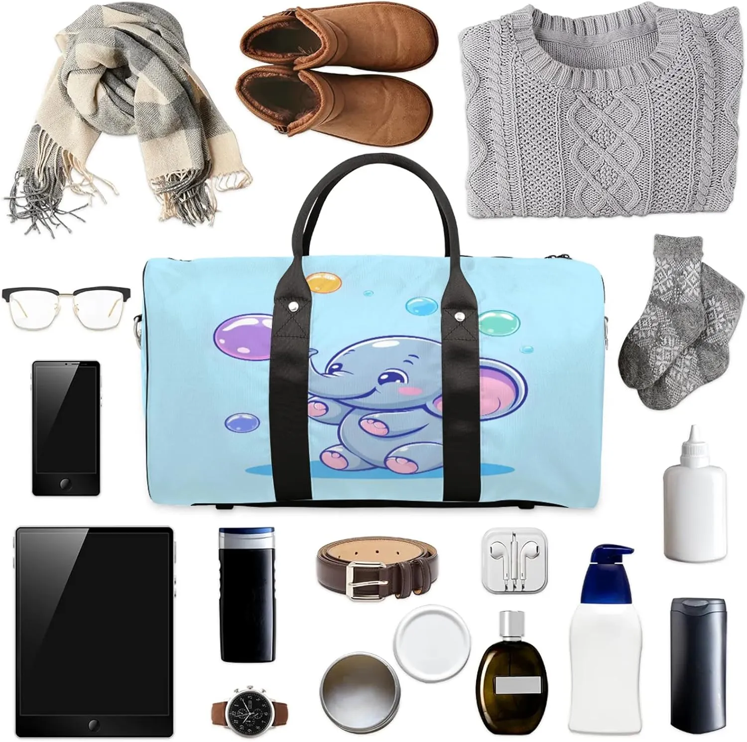 Blue Elephant Duffle Bag for Travel, Overnight Weekend Gym Carry On Luggage Bag, Cute Travel Duffel Bag for Men Women
