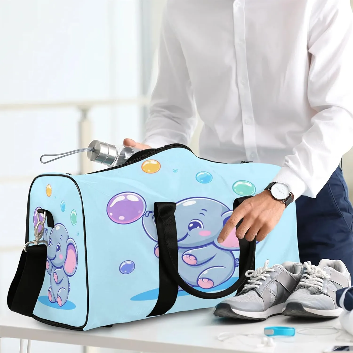 Blue Elephant Duffle Bag for Travel, Overnight Weekend Gym Carry On Luggage Bag, Cute Travel Duffel Bag for Men Women