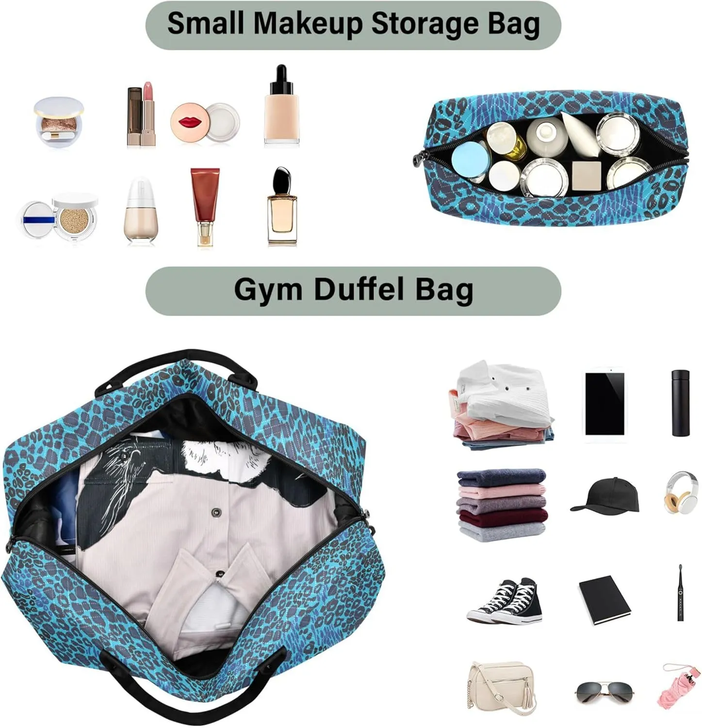 Blue Leopard Duffle Travel Bags Toiletry Bags Set, Cute Print Women Gym Bags Tote Carry on Bag