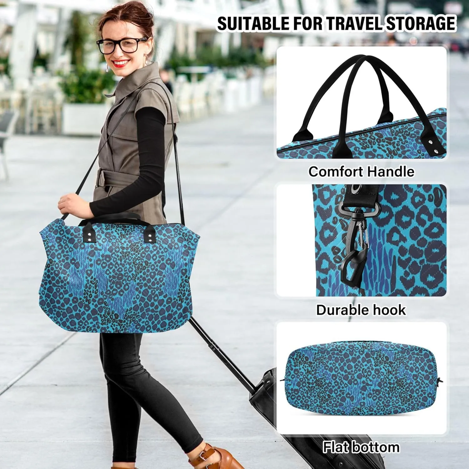 Blue Leopard Duffle Travel Bags Toiletry Bags Set, Cute Print Women Gym Bags Tote Carry on Bag